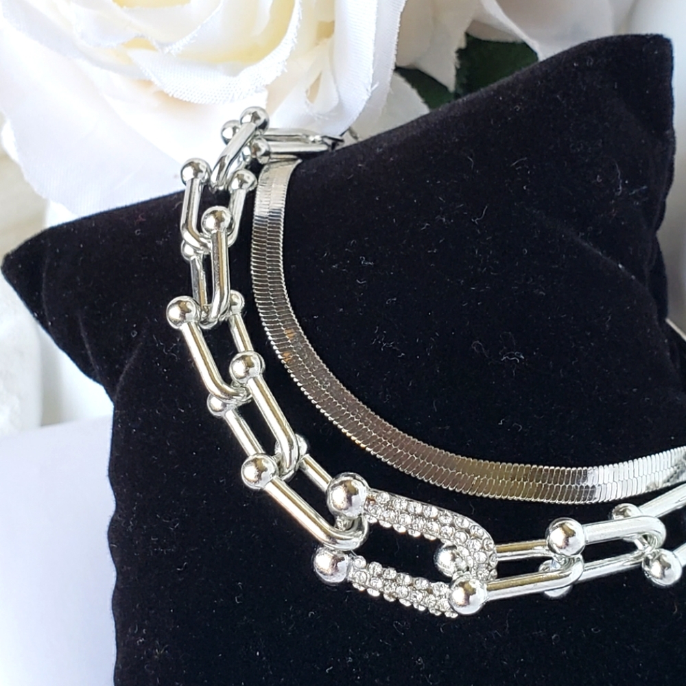 Layering herringbone & link chain bracelets
